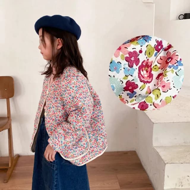 【橘魔法】雙11 小碎花蓬袖鋪棉長袖外套(開衫外套 鋪棉外套 棉衣 厚外套 中童 兒童 童裝 女童)