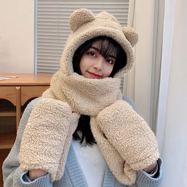 【D.studio】韓版保暖防寒毛毛小熊圍巾(功能三合一圍巾帽子手套熊熊圍巾 毛毛圍巾絨毛圍巾圍脖圍巾)