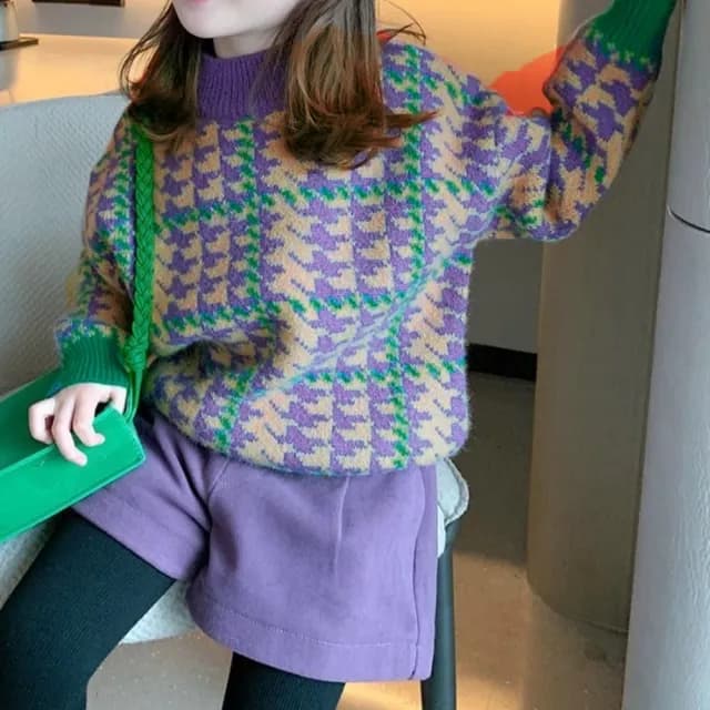 【橘魔法】紫繽紛千鳥紋中高領針織毛衣(大童 針織 長袖 毛衣 線衫 女童 童裝 兒童 上衣 保暖 厚)