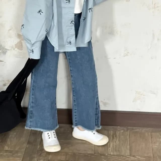 【橘魔法】滿印蝴蝶結襯衫 鬚邊喇叭牛仔褲(套裝 襯衫 薄長袖 長褲 褲子 親子款 大童 大人 兒童 女童 童裝)