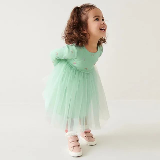 【橘魔法】彩虹長袖紗裙洋裝(薄長袖 連身裙 連衣裙 女童 兒童 童裝)