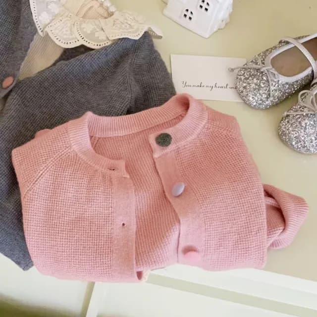 【橘魔法】彩色鈕扣華夫格長袖外套(針織外套 小外套 薄長袖 薄外套 開衫 女童 兒童 童裝)