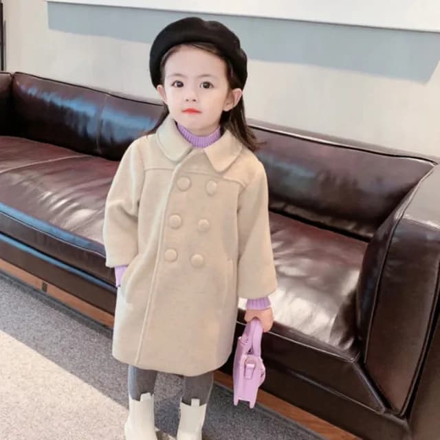 【橘魔法】氣質雙排扣毛尼外套(長袖外套 大衣 厚外套 女童 兒童 中童 童裝)