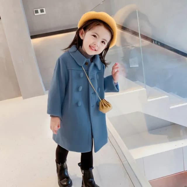 【橘魔法】氣質素色雙排扣翻領毛尼長袖外套(長袖外套 大衣 厚外套 女童 兒童 中童 童裝)