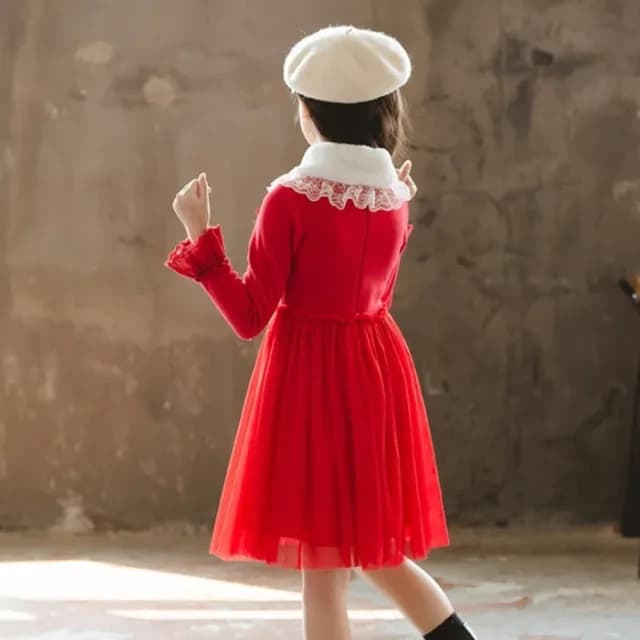 【橘魔法】蕾絲毛領刷毛長袖洋裝 套裝(連身洋裝 連身裙 過年 新年 聖誕 花童 大紅 大童 女童 兒童 童裝)