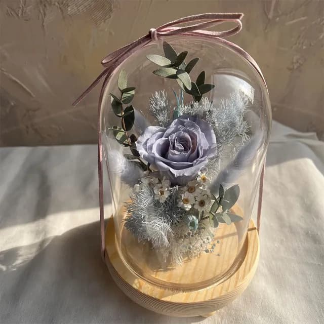 【OSTARA FLORIST 奧斯塔拉花藝】莫蘭迪藍永生玫瑰玻璃罩(永生花、玫瑰花、情人節、母親節、生日)