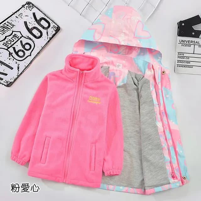 【橘魔法】大童 繽紛愛心長袖風衣外套(2件式 兩件式 可拆 厚 外套 衝鋒衣 長袖 連帽 保暖 親子款)