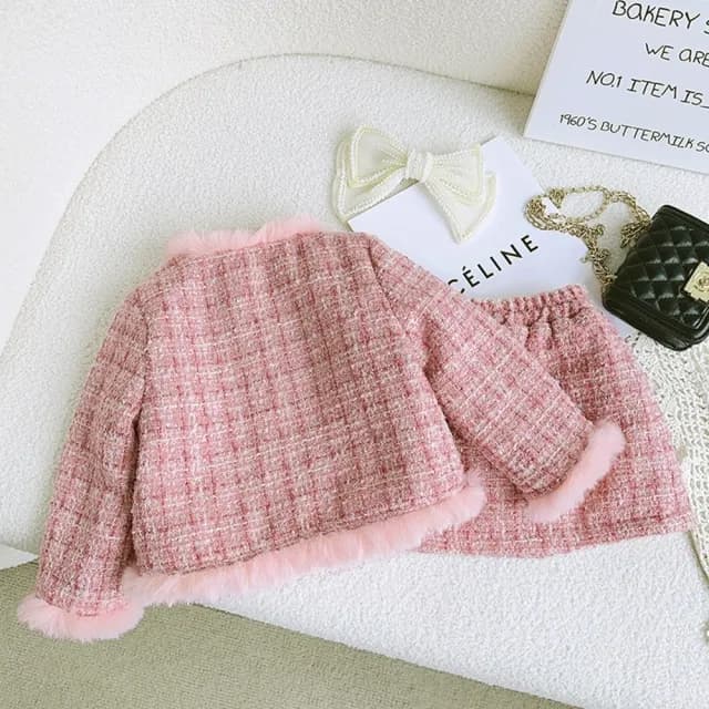 【橘魔法】粉嫩氣質名媛毛邊毛尼長袖外套+窄裙(套裝 外套 裙子 短裙 小香風 女童 童裝 兒童)