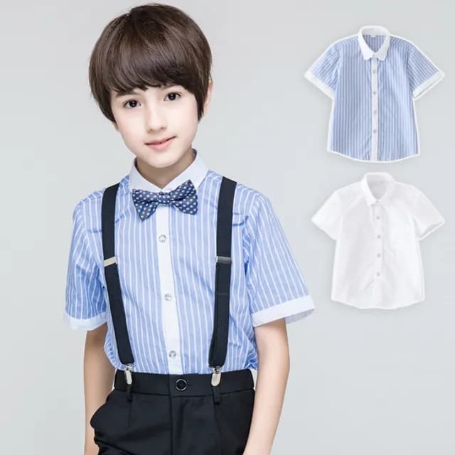 【橘魔法】短袖 直條紋 純白水鑽扣短袖襯衫(攝影 表演服 短袖上衣 童裝 男童 大童 花童 兒童)