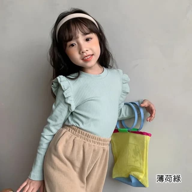 【橘魔法】浪漫小飛袖直條紋長袖上衣(打底衫 內搭衣 童裝 兒童 女童 中童)