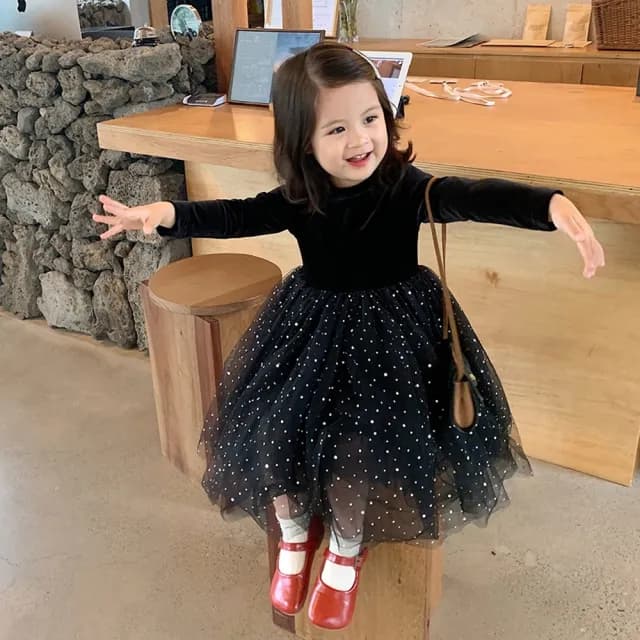 【橘魔法】黑絲絨炫彩亮片刷毛長袖洋裝(連衣裙 連身裙 紗裙洋裝 女童 童裝 兒童)