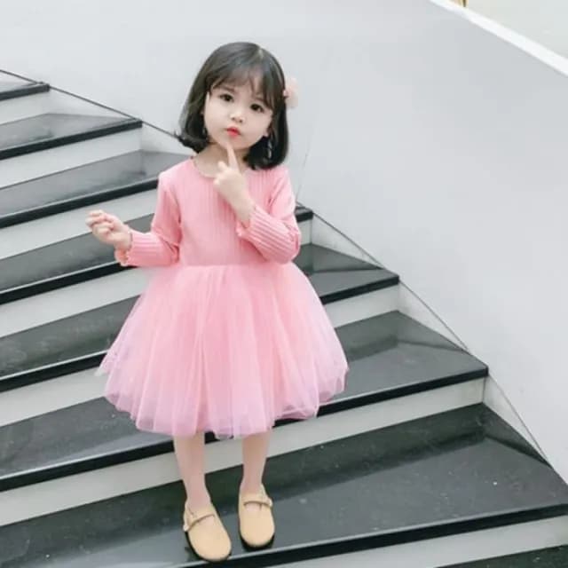 【橘魔法】直條紋路木耳邊澎澎紗裙洋裝(連身洋裝 澎澎裙 蓬蓬裙 中童 童裝 女童 兒童)