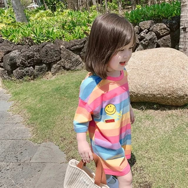 【橘魔法】微笑彩虹寬條長版短袖上衣(女童 中童 小童 兒童 童裝)