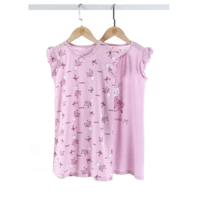 【橘魔法】美人魚 草莓 跳舞兔子條紋小飛袖連身裙(洋裝 連衣裙 大童 居家服 睡裙 睡衣 童裝 女童 兒童)