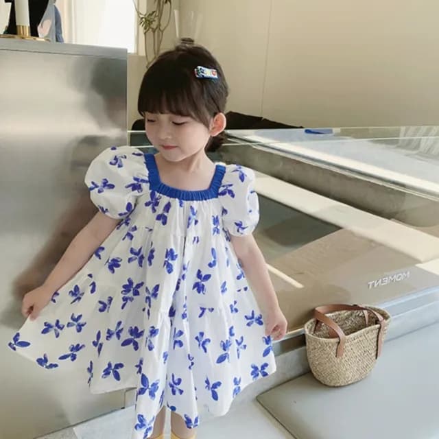 【橘魔法】藍紫蝴蝶滿印棉紗洋裝(連身裙 連衣裙 短袖洋裝 女童 兒童 童裝)