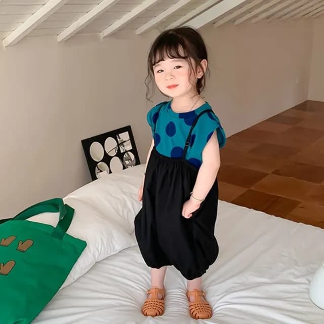 【橘魔法】藍綠點點背心+澎澎吊帶燈籠褲 套裝(褲子 七分褲 兒童 女童 童裝)