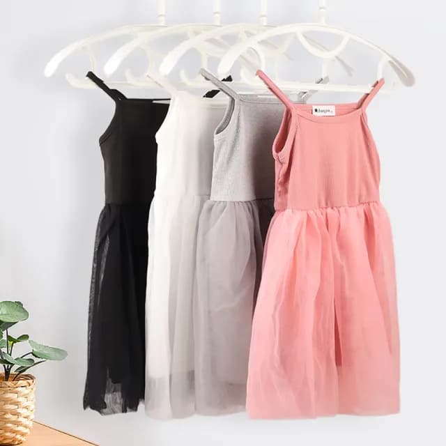 【橘魔法】素色細肩帶澎澎紗裙洋裝(襯裙 內搭 防走光 連衣裙 連身洋裝 童裝 兒童 花童 女童)