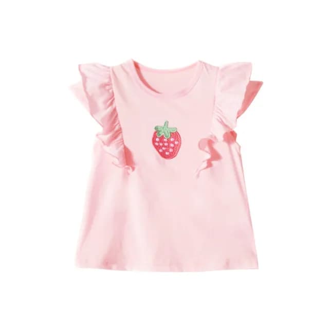 【橘魔法】草莓刺繡小飛袖上衣+粉條紋屁屁褲 套裝(短袖上衣 棉T 褲子 短褲 兒童 女童 童裝)