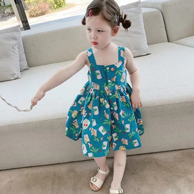 【橘魔法】滿印平口排釦傘擺吊帶洋裝(吊帶裙 連身裙 裙子 女童 兒童 童裝)