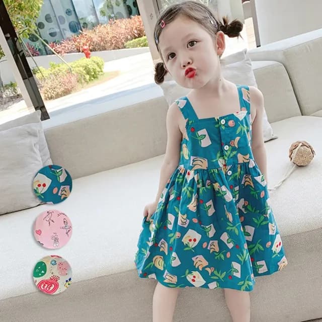 【橘魔法】滿印平口排釦傘擺吊帶洋裝(吊帶裙 連身裙 裙子 女童 兒童 童裝)