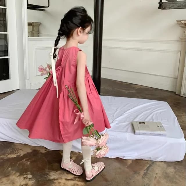 【橘魔法】素雅摺線傘擺洋裝(連身裙 連身洋裝 裙子 女童 中童 兒童 童裝)