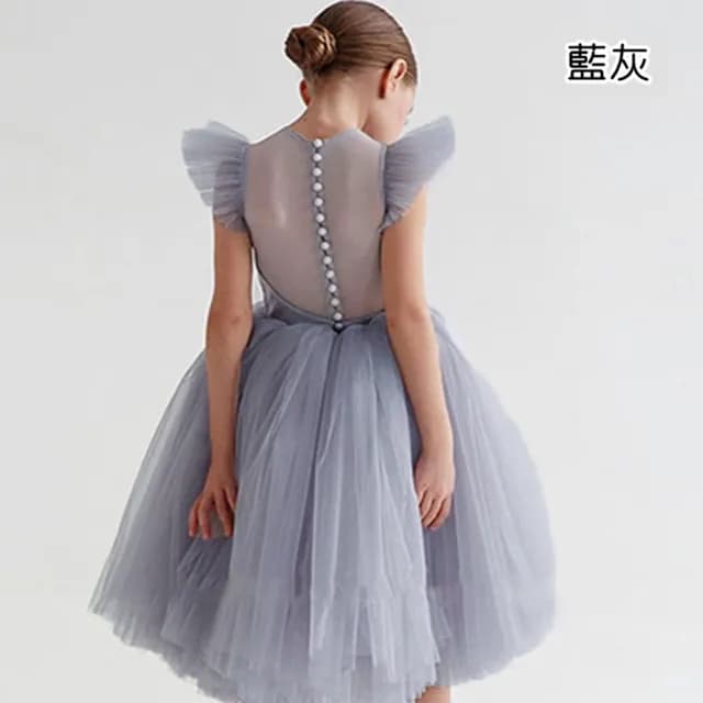 【橘魔法】珍珠扣背後透膚小飛袖紗裙洋裝(白色禮服 畢業典禮 表演 花童 連身洋裝 連身裙 女童 童裝 兒童)