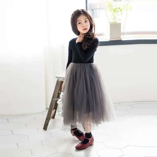 【橘魔法】厚款木耳邊黑拼灰紗裙長袖洋裝(大童 連身裙 澎澎裙 連衣裙 刷毛 加厚 女童 兒童 童裝)