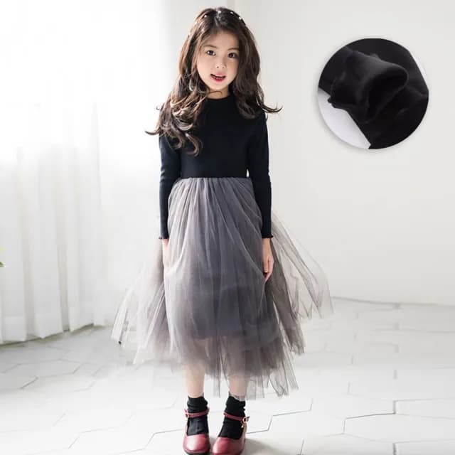 【橘魔法】厚款木耳邊黑拼灰紗裙長袖洋裝(大童 連身裙 澎澎裙 連衣裙 刷毛 加厚 女童 兒童 童裝)