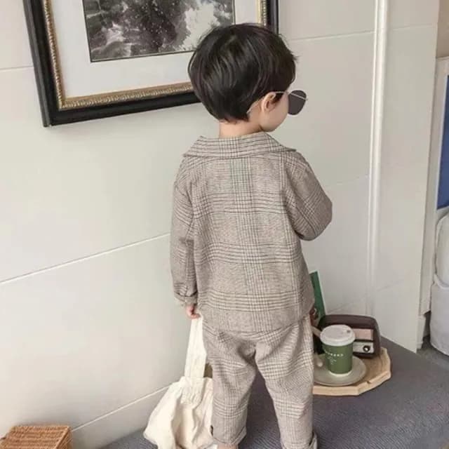 【橘魔法】復古格紋西裝套裝((不含上衣)西裝外套 長袖外套 西裝褲 褲子 薄外套 女童 男童 兒童 童裝)