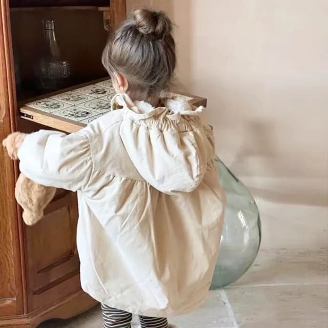 【橘魔法】米色羊糕絨工裝外套(前短後長 加厚 風衣 厚外套 夾克 保暖 寒流 中性款 女童 男童 兒童 童裝)