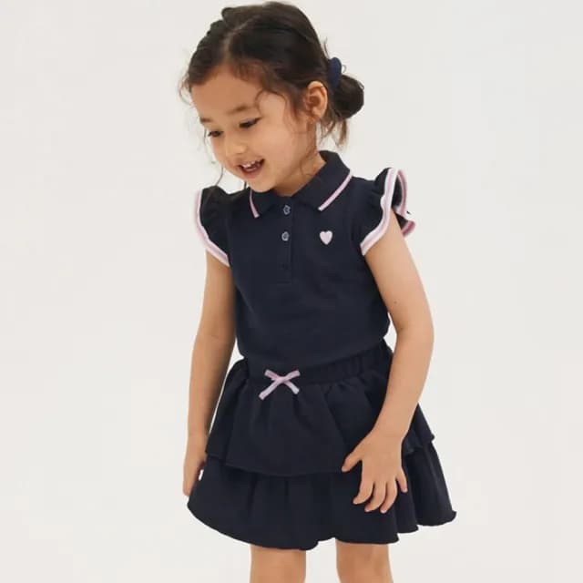 【橘魔法】網眼愛心小飛袖POLO衫套裝(蛋糕裙 短裙 裙子 大童 運動風 女童 兒童 童裝)