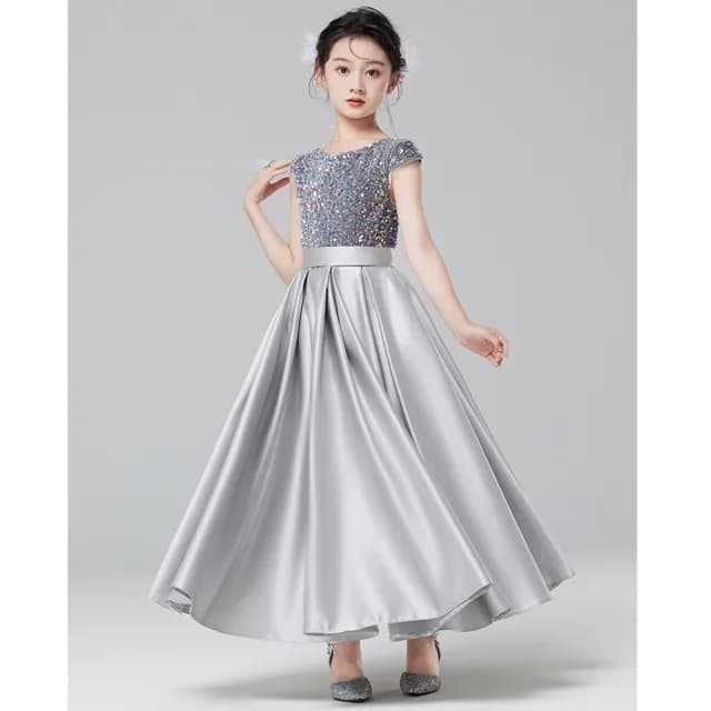 【橘魔法】晚宴風銀灰閃亮片長裙禮服(大童 連身裙 禮服 攝影 表演 鋼琴 表演 演奏會 童裝 兒童 女童)