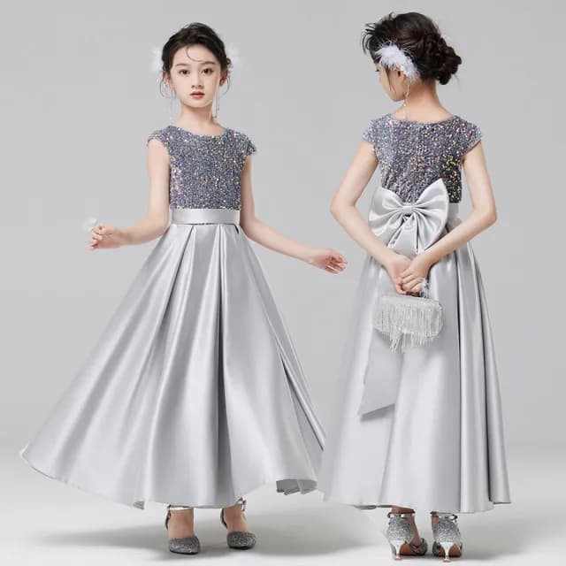 【橘魔法】晚宴風銀灰閃亮片長裙禮服(大童 連身裙 禮服 攝影 表演 鋼琴 表演 演奏會 童裝 兒童 女童)
