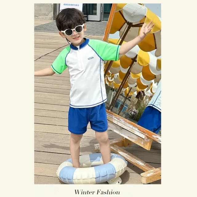 【橘魔法】色塊拼接插肩短袖泳衣套裝(二件式 泳裝 游泳課 學生泳衣 兒童 男童 童裝)