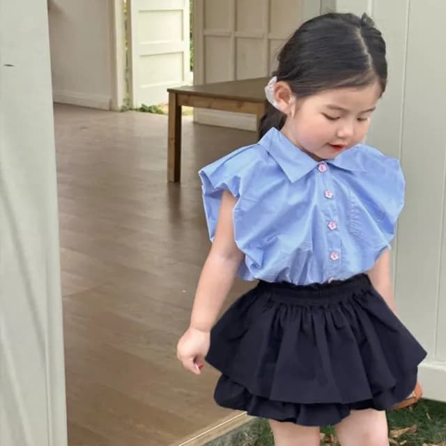 【橘魔法】知性都會荷葉蛋糕褲裙套裝(無袖襯衫 褲裙 短褲 褲子 女童 兒童 中童 童裝)