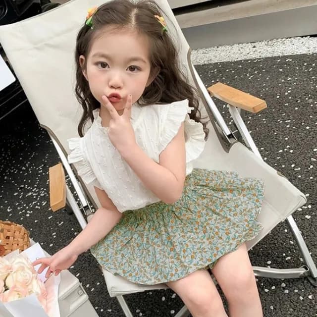 【橘魔法】復古甜美碎花小飛袖套裝(短袖上衣 褲裙 短褲 褲子 女童 兒童 兒童 童裝)