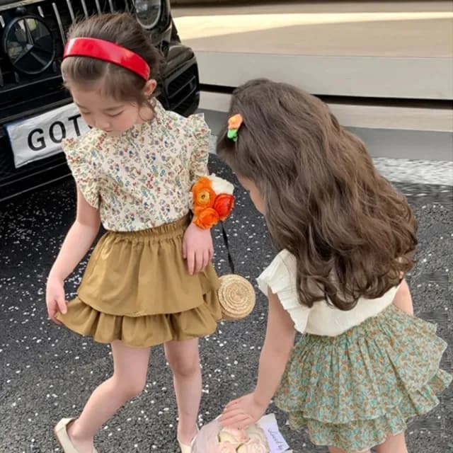 【橘魔法】復古甜美碎花小飛袖套裝(短袖上衣 褲裙 短褲 褲子 女童 兒童 兒童 童裝)