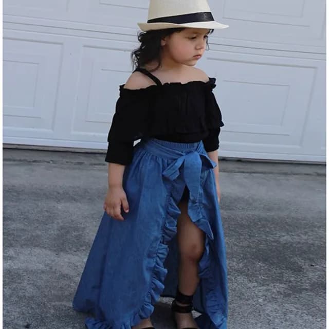 【橘魔法】露肩棉紗牛仔荷葉長裙(三件式 套裝 3件式 半身裙 裙子 露肩上衣 無袖上衣 女童 童裝 兒童)