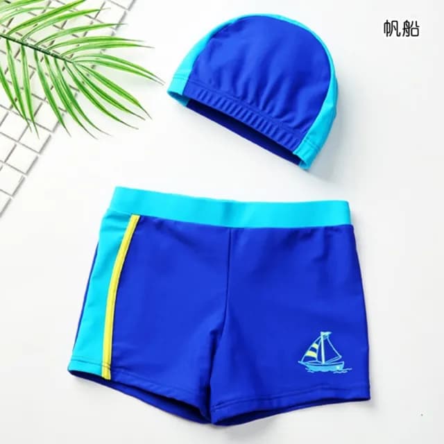 【橘魔法】圖印拚色男童泳褲+附泳帽(大童 泳褲 泳帽 玩水 海邊 游泳 男童 兒童 童裝)