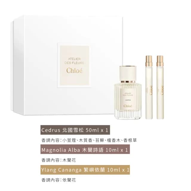 【Chloe’ 蔻依】仙境花園系列淡香精禮盒一入(北國雪松50ml+兩入迷你香水10mlx2.國際航空版.兩款可選)