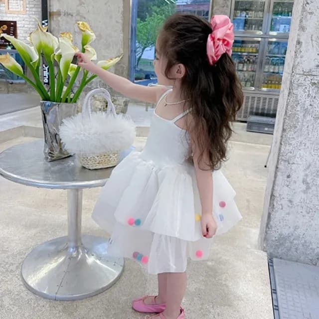 【橘魔法】彩虹毛球肩帶澎澎紗裙洋裝(連衣裙 連身裙 吊帶洋裝 紗裙洋裝 童裝 兒童 女童)