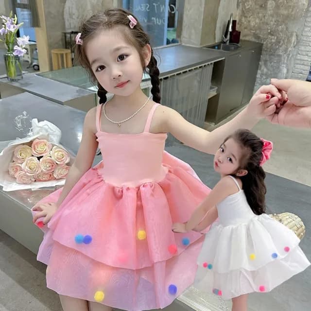 【橘魔法】彩虹毛球肩帶澎澎紗裙洋裝(連衣裙 連身裙 吊帶洋裝 紗裙洋裝 童裝 兒童 女童)