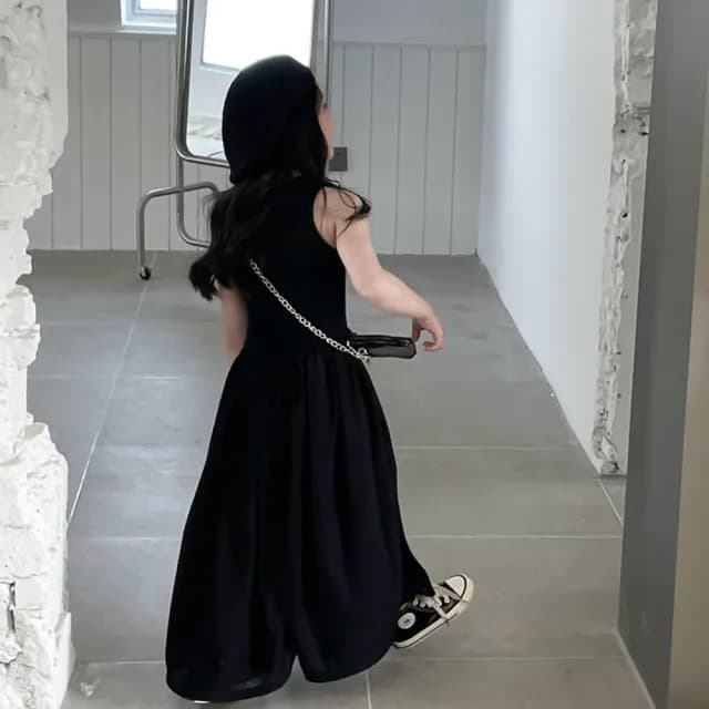 【橘魔法】赫本風坑條背心長裙洋裝(大童 背心洋裝 連身裙 兒童洋裝 女童 童裝 兒童)