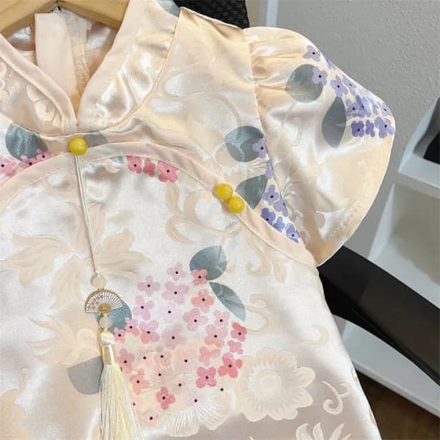 【橘魔法】光澤綢緞繡球花旗袍洋裝(連身洋裝 連衣裙 連身裙 女童 兒童 童裝)