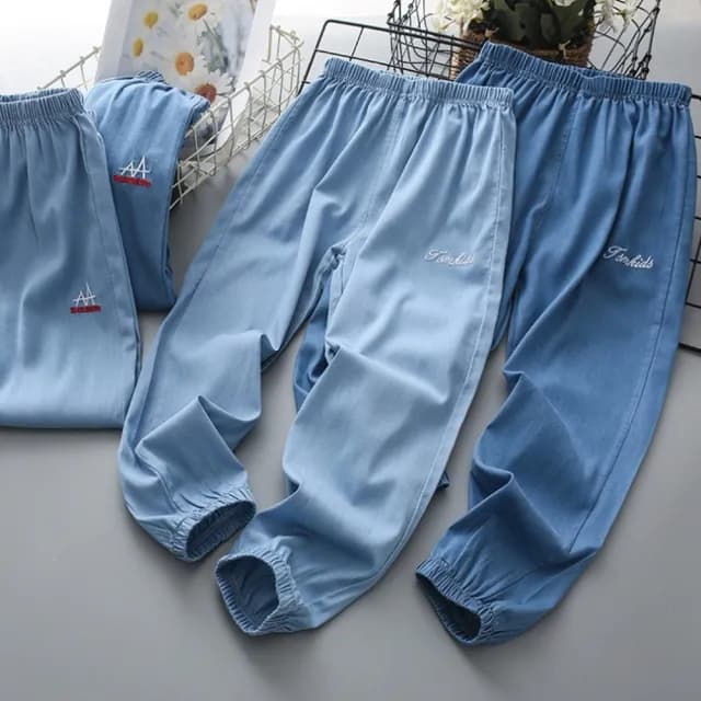 【橘魔法】刺繡字母天絲棉薄款鬆緊褲頭牛仔褲(縮口長褲 防蚊褲 長褲 空調褲 薄長褲 童裝 兒童)