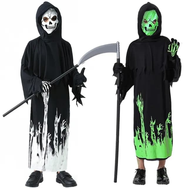【橘魔法】地獄死神夜光骷髏人長袍 附手套(略有製作痕跡)(萬聖節 角色扮演 道具 變裝 童裝 男童 兒童)