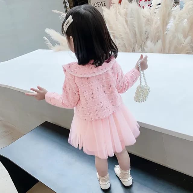 【橘魔法】翻領小香風交錯編織毛呢洋裝 附襯裙(套裝 長袖外套 紗裙 連身裙 背心裙 女童 童裝 兒童)