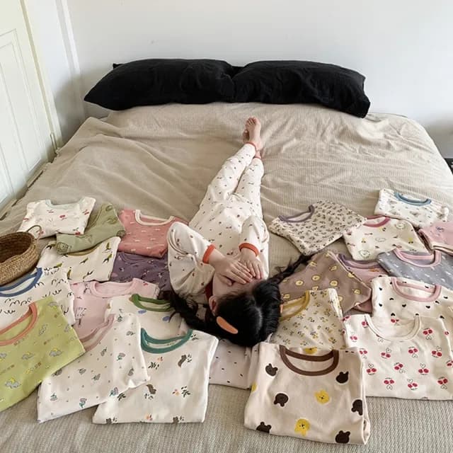 【橘魔法】滾邊滿印磨毛居家服套裝(薄長袖 長褲 睡衣 中性款 男童 女童 中童 大童 套裝 兒童 童裝)