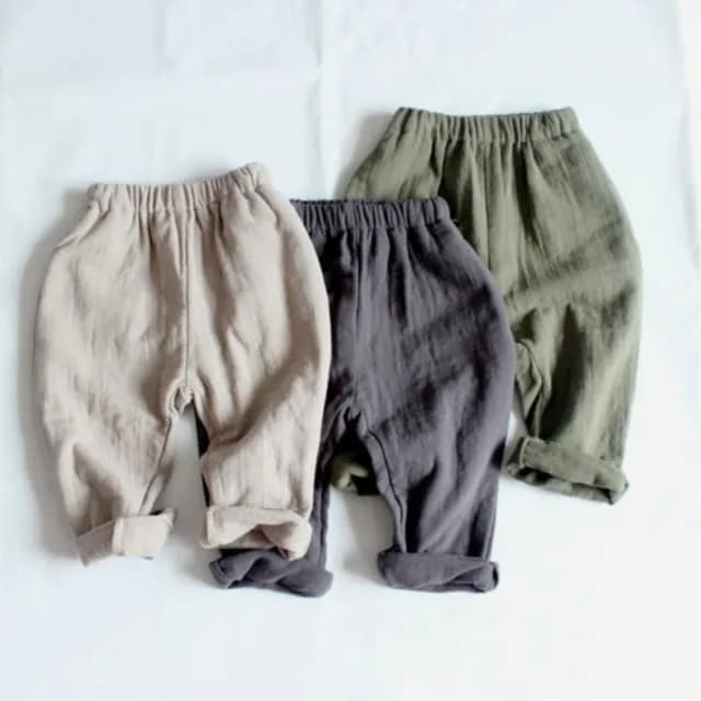 【橘魔法】雙層棉麻素色口袋長褲(休閒褲 長褲 老爹褲 褲子 長褲 女童 男童 童裝 兒童)