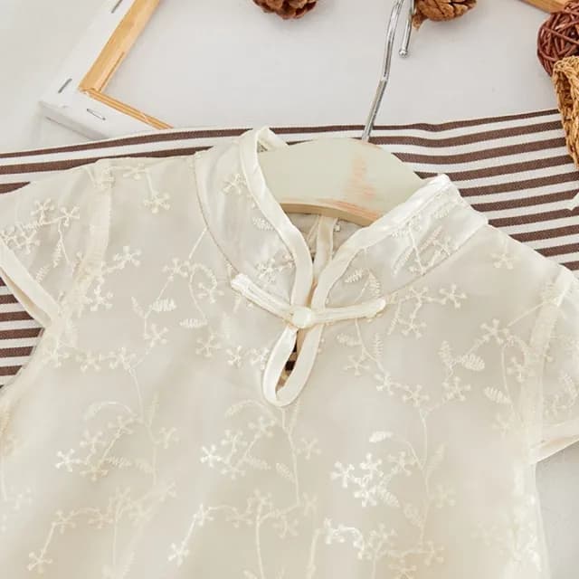 【橘魔法】甜美刺繡紗質旗袍洋裝(短袖洋裝 連身洋裝 連衣裙 連身裙 紗裙洋裝 女童 兒童 童裝)